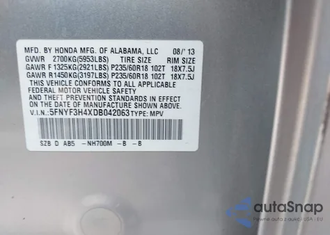 2013 Honda Pilot Ex from USA, damaged, VIN 5FNYF3H4XDB042063